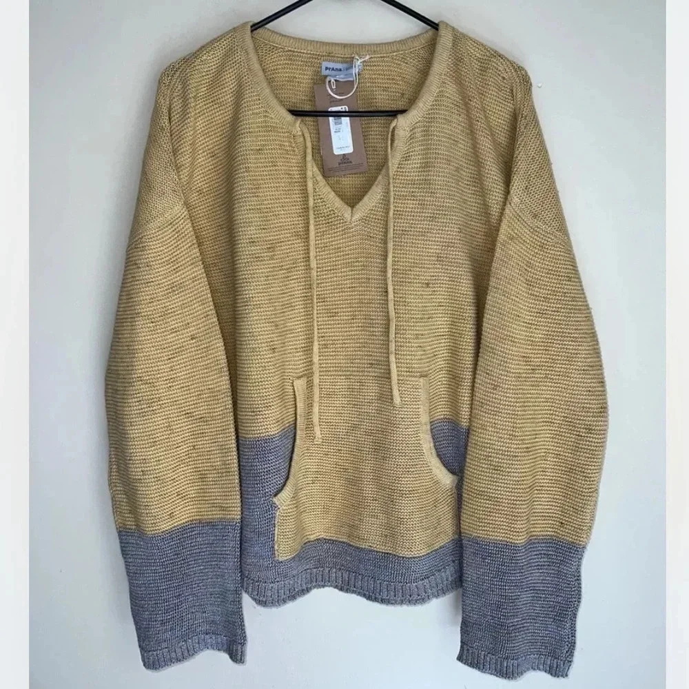 Prana Pullover V-Neck Sweater Women’s Small Yellow Gray Oversized NWT